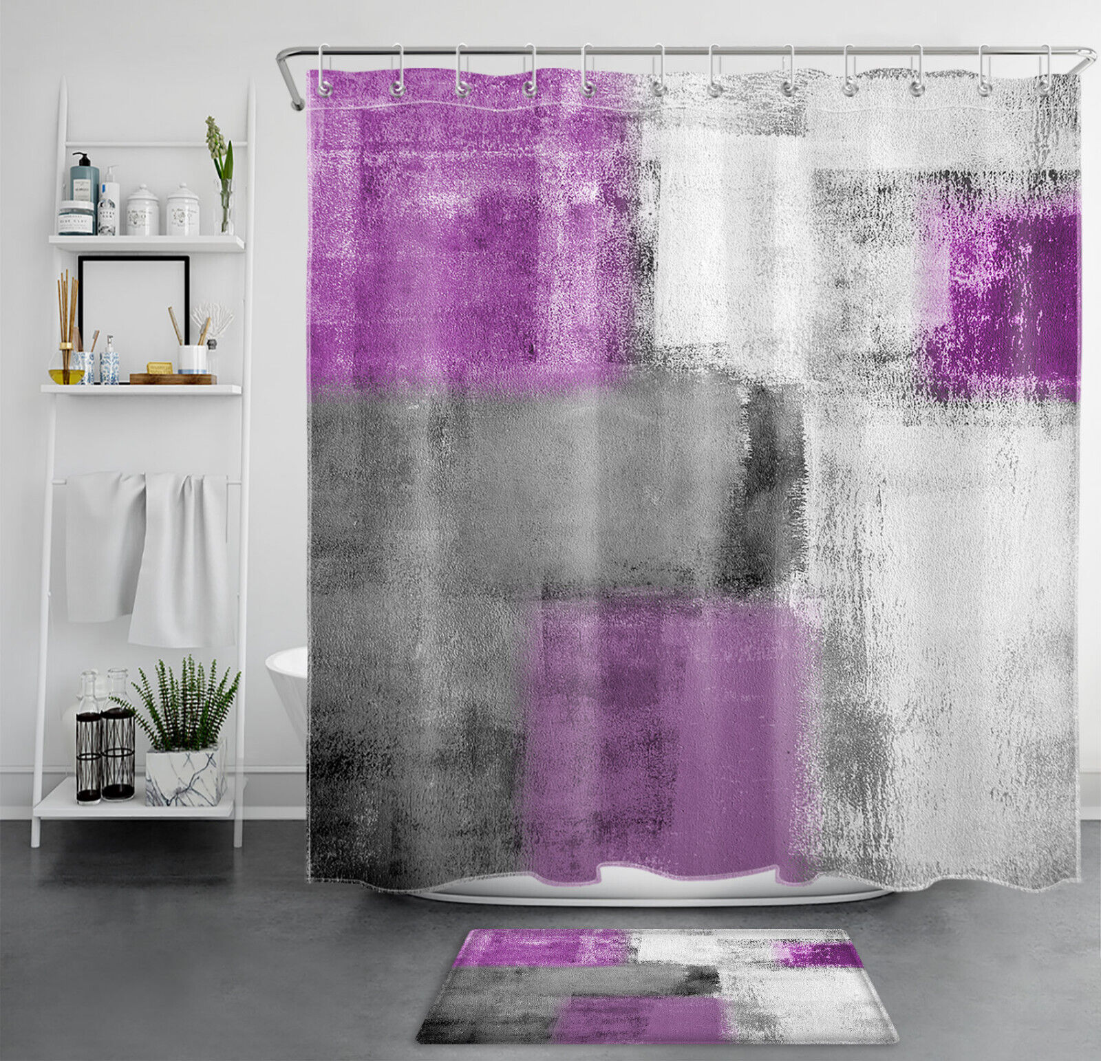Vintage Rustic Shower Curtain with Purple Geometric Pattern for a Cozy Bathroom