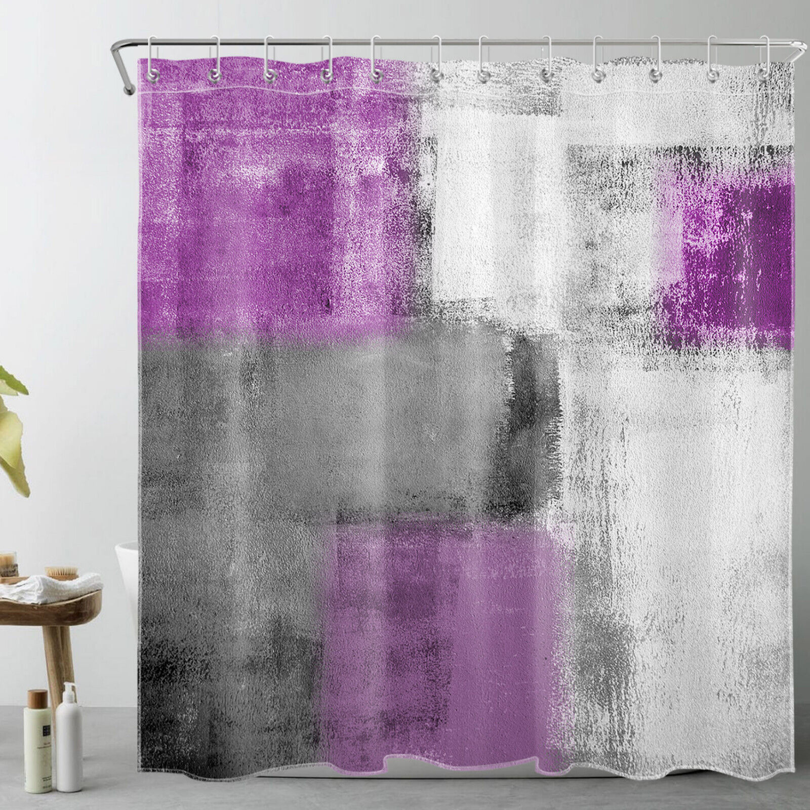 Vintage Rustic Shower Curtain with Purple Geometric Pattern for a Cozy Bathroom