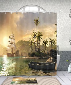 Vintage Sailboat Island Shower Curtain with Nautical Forest Print