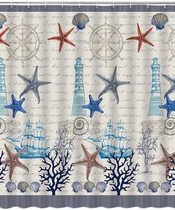 Vintage Sailboat Lighthouse Anchor Seashell Nautical Ocean Blue Shower Curtain for a Coastal Bathroom