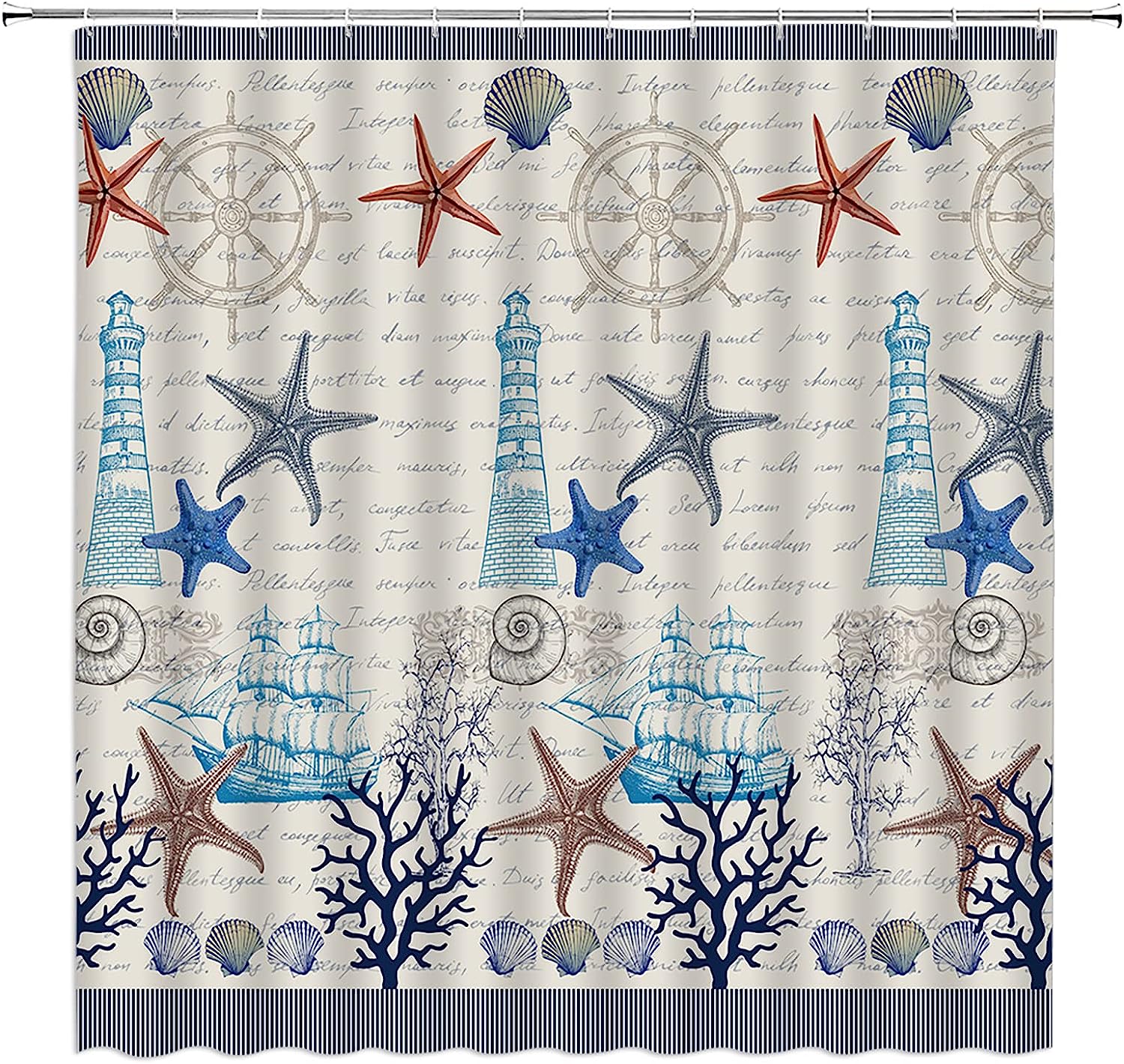 Vintage Sailboat Lighthouse Anchor Seashell Nautical Ocean Blue Shower Curtain for a Coastal Bathroom