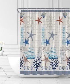 Vintage Sailboat Lighthouse Anchor Seashell Nautical Ocean Blue Shower Curtain for a Coastal Bathroom