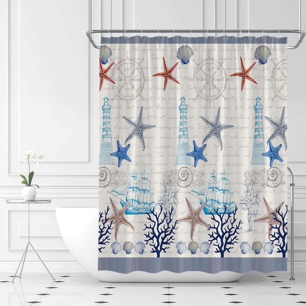 Vintage Sailboat Lighthouse Anchor Seashell Nautical Ocean Blue Shower Curtain for a Coastal Bathroom