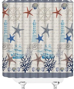 Vintage Sailboat Lighthouse Anchor Seashell Nautical Ocean Blue Shower Curtain for a Coastal Bathroom