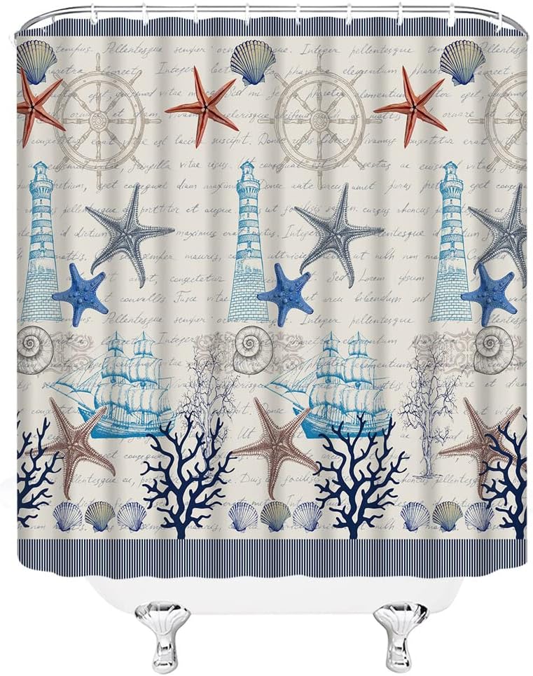 Vintage Sailboat Lighthouse Anchor Seashell Nautical Ocean Blue Shower Curtain for a Coastal Bathroom