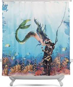 Vintage Scuba Diver Mermaid Shower Curtain - Aqua Ocean Turquoise And Coral On Nautical Shower Curtain