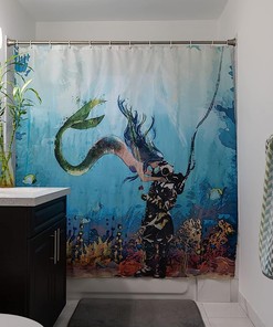 Vintage Scuba Diver Mermaid Shower Curtain - Aqua Ocean Turquoise And Coral On Nautical Shower Curtain