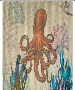 Vintage Seaweed Seabed Bath Curtain with Conch and Sea Animals - Retro Shower Curtain for Hotel or Restroom