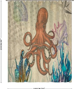 Vintage Seaweed Seabed Bath Curtain with Conch and Sea Animals - Retro Shower Curtain for Hotel or Restroom