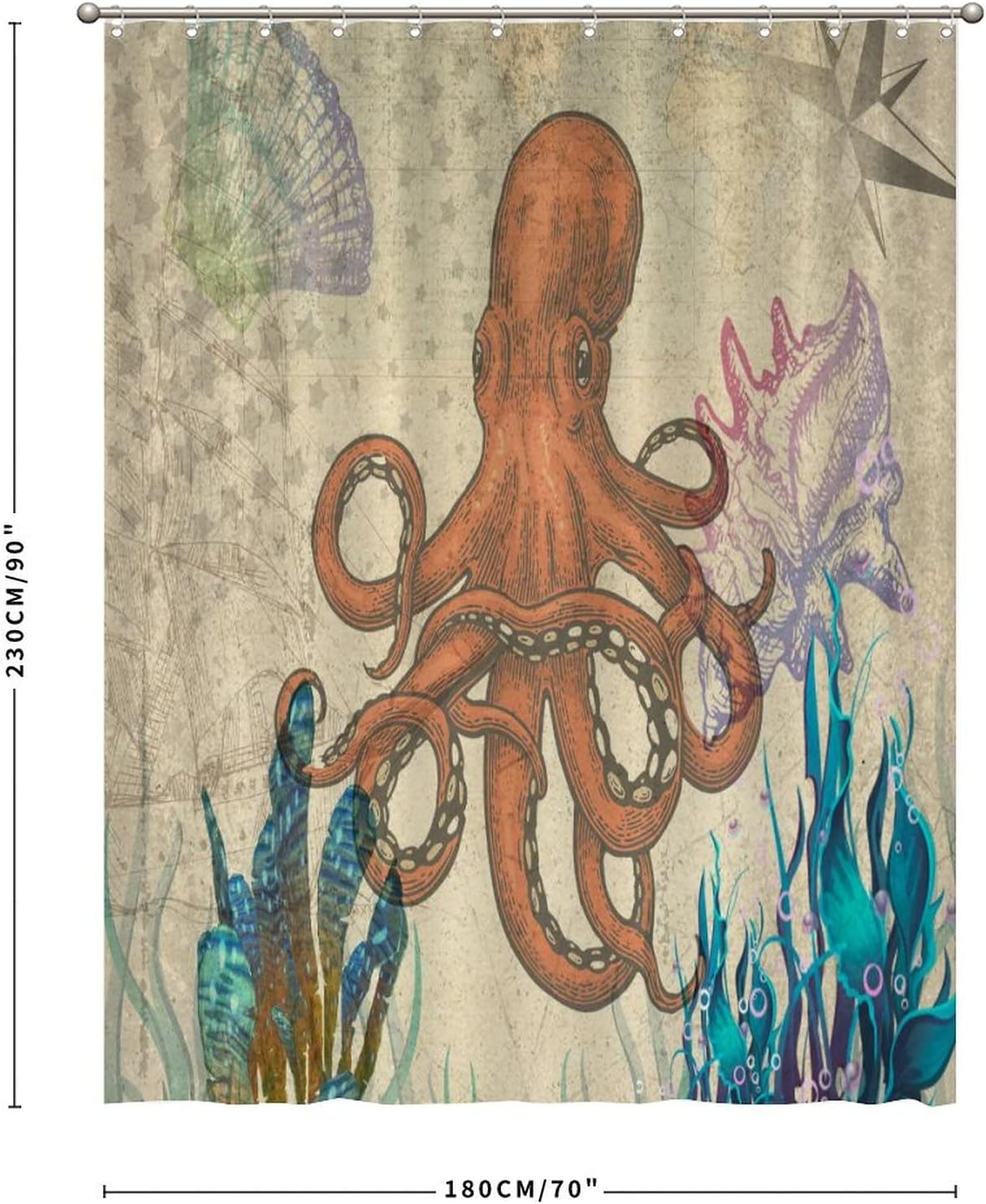 Vintage Seaweed Seabed Bath Curtain with Conch and Sea Animals - Retro Shower Curtain for Hotel or Restroom