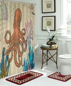 Vintage Seaweed Seabed Bath Curtain with Conch and Sea Animals - Retro Shower Curtain for Hotel or Restroom