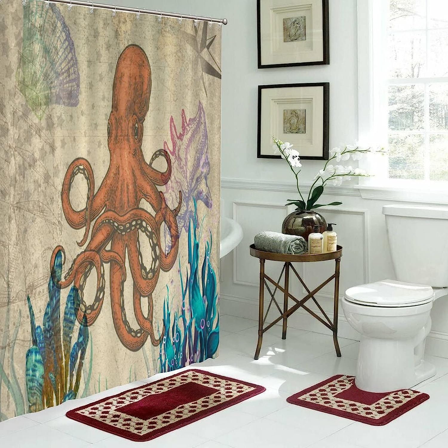 Vintage Seaweed Seabed Bath Curtain with Conch and Sea Animals - Retro Shower Curtain for Hotel or Restroom