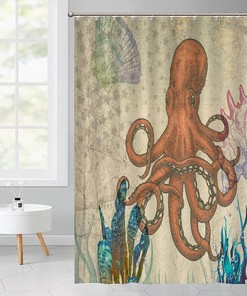 Vintage Seaweed Seabed Bath Curtain with Conch and Sea Animals - Retro Shower Curtain for Hotel or Restroom