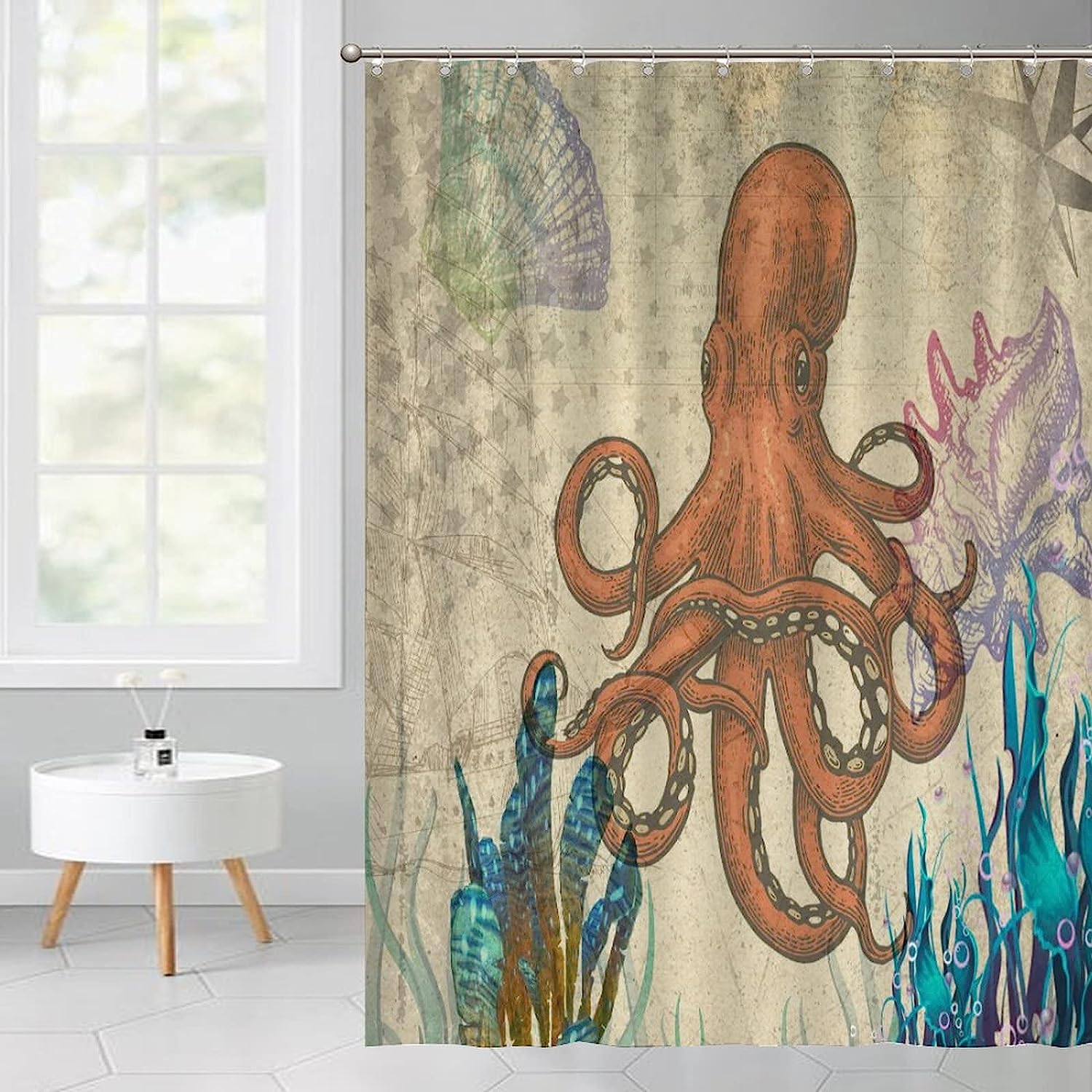 Vintage Seaweed Seabed Bath Curtain with Conch and Sea Animals - Retro Shower Curtain for Hotel or Restroom