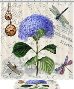Vintage Shabby Chic Hydrangea Watches Dragonflies Shower Curtain With Microfiber Accents, Machine Washable