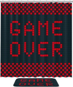 Vintage Shower Curtain With Game Over Old Video Game Theme For Bathroom