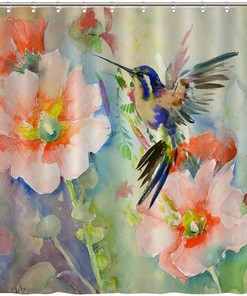 Vintage Shower Curtain with Cute Birds Hummingbird and Flowers Print