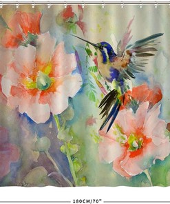 Vintage Shower Curtain with Cute Birds Hummingbird and Flowers Print