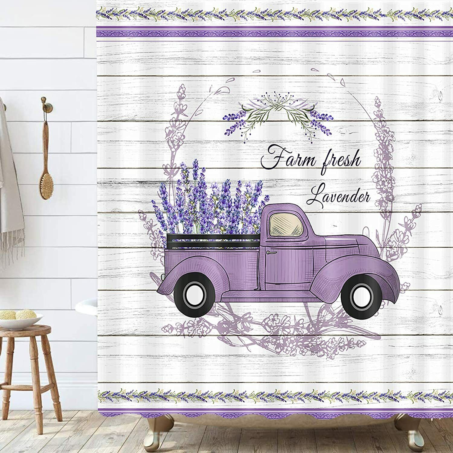 Vintage Shower Curtains - Purple Floral Lavender Flower on Truck Rustic