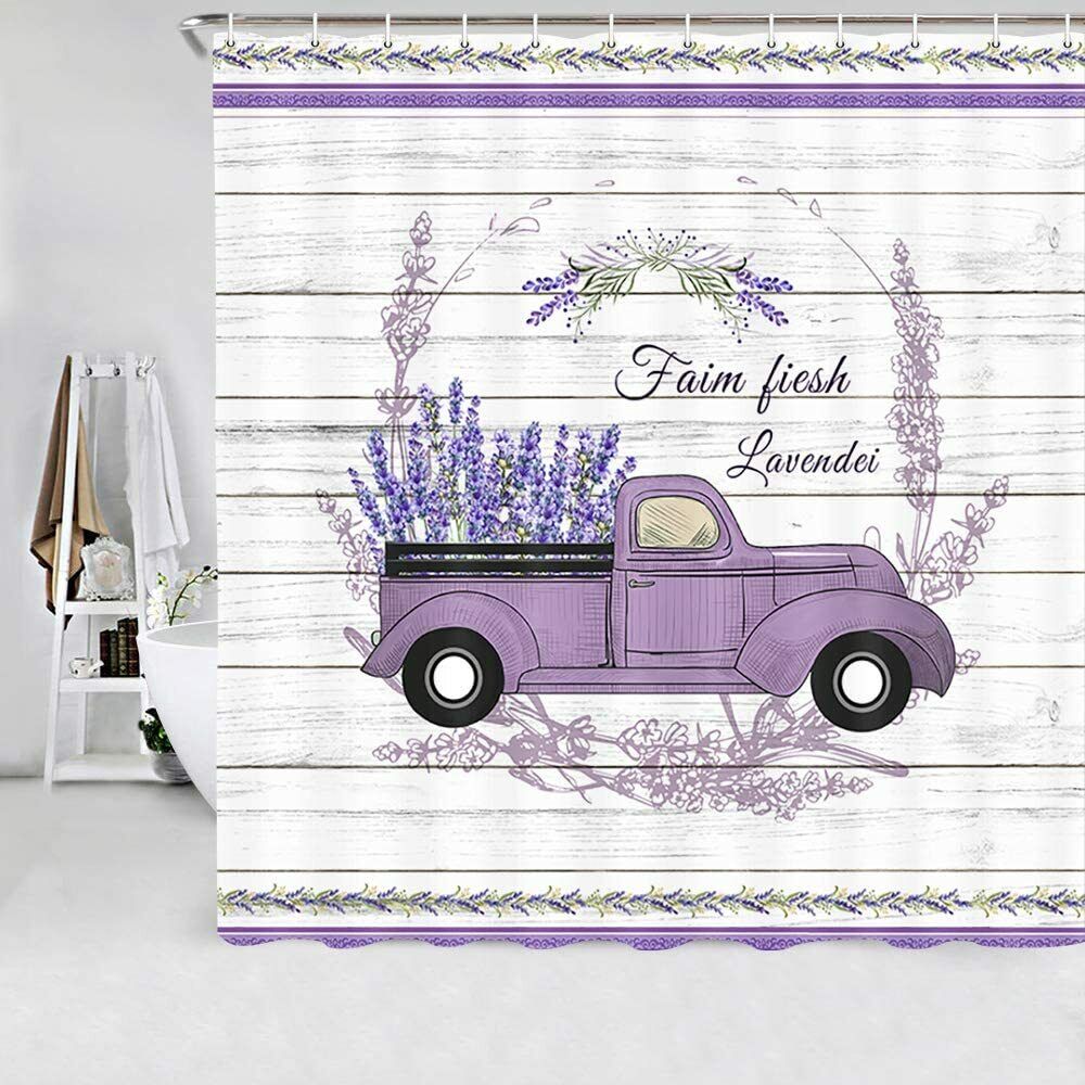 Vintage Shower Curtains - Purple Floral Lavender Flower on Truck Rustic