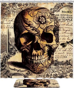Vintage Skull and Floral Shower Curtain - Waterproof Fabric Bathroom Curtain with Retro Touch