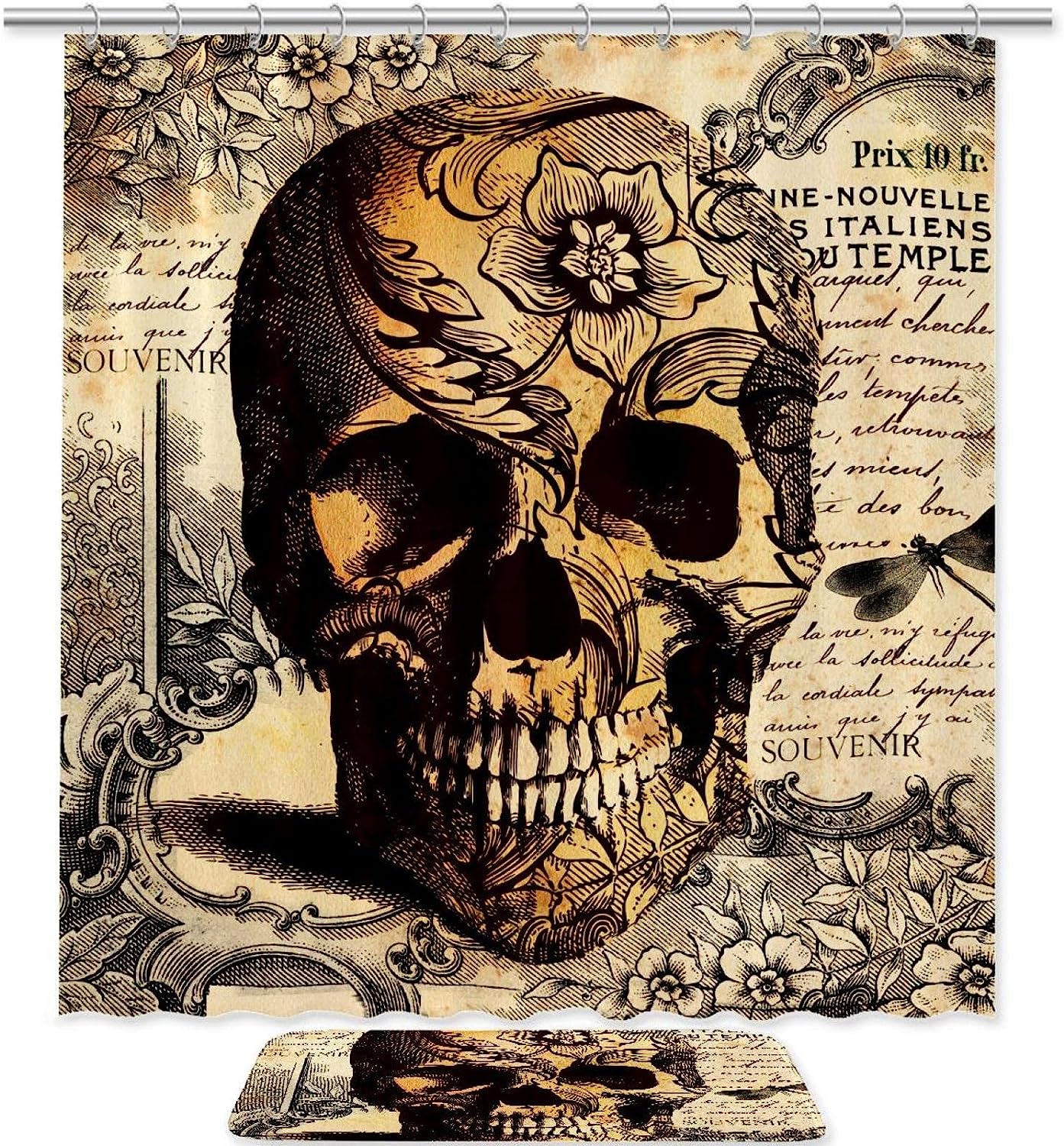 Vintage Skull and Floral Shower Curtain - Waterproof Fabric Bathroom Curtain with Retro Touch