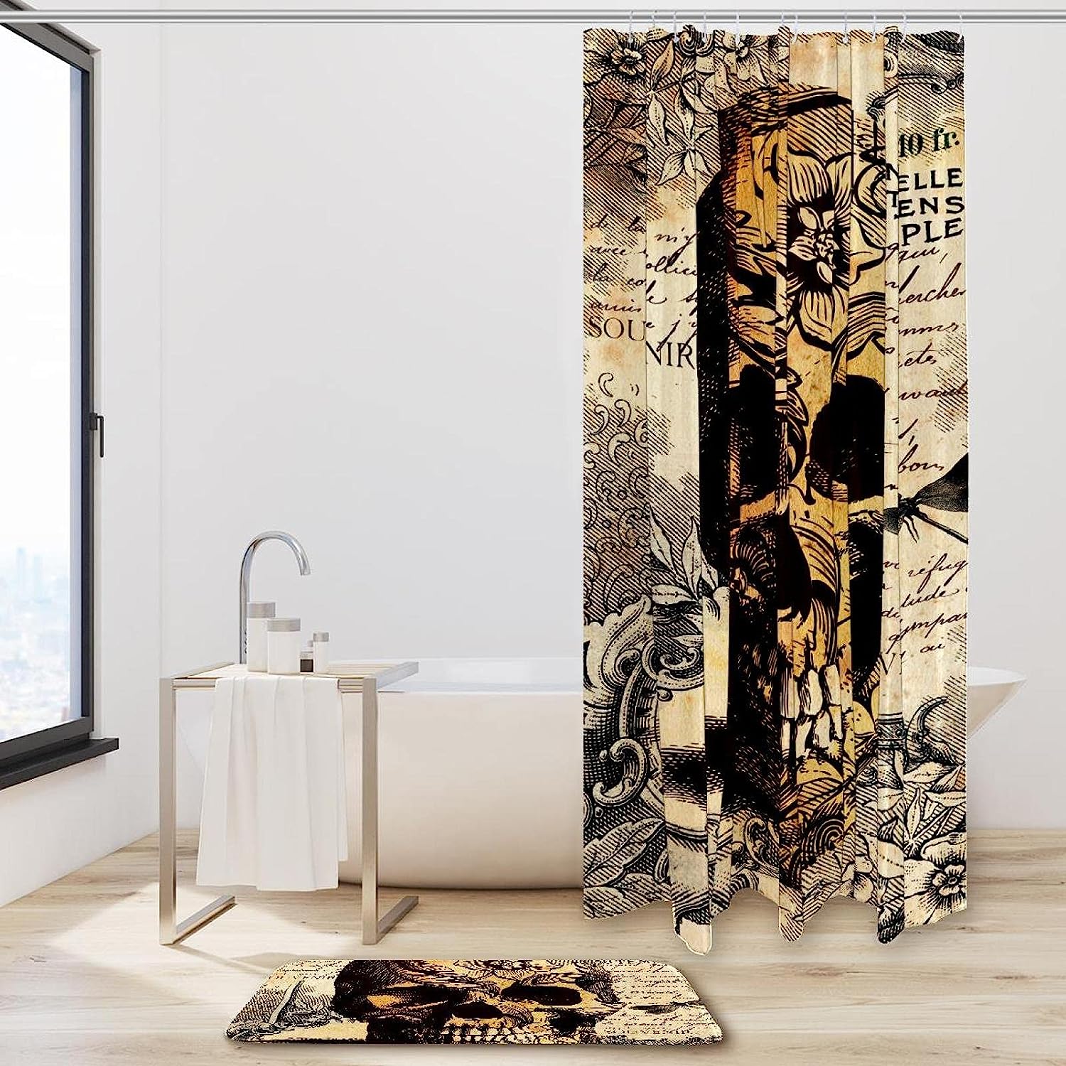 Vintage Skull and Floral Shower Curtain - Waterproof Fabric Bathroom Curtain with Retro Touch