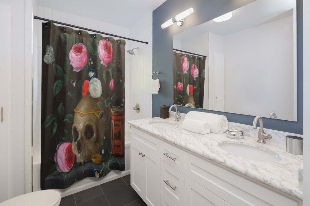 Vintage Skull and Flower Paintings Shower Curtain for a Gothic Bathroom