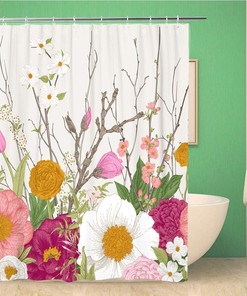 Vintage Spring Flowers Shower Curtain with Twig Peonies and Cherry Blossom Design - Waterproof Fabric Bathroom Curtains 