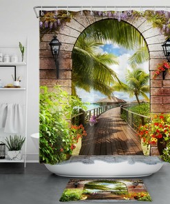 Vintage Stone Arch Shower Curtain - Ocean, Garden and Flower Design for a Roman-Inspired Bathroom 