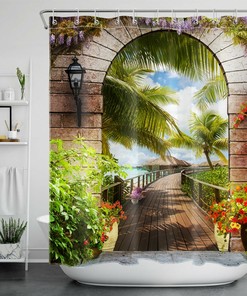 Vintage Stone Arch Shower Curtain - Ocean, Garden and Flower Design for a Roman-Inspired Bathroom