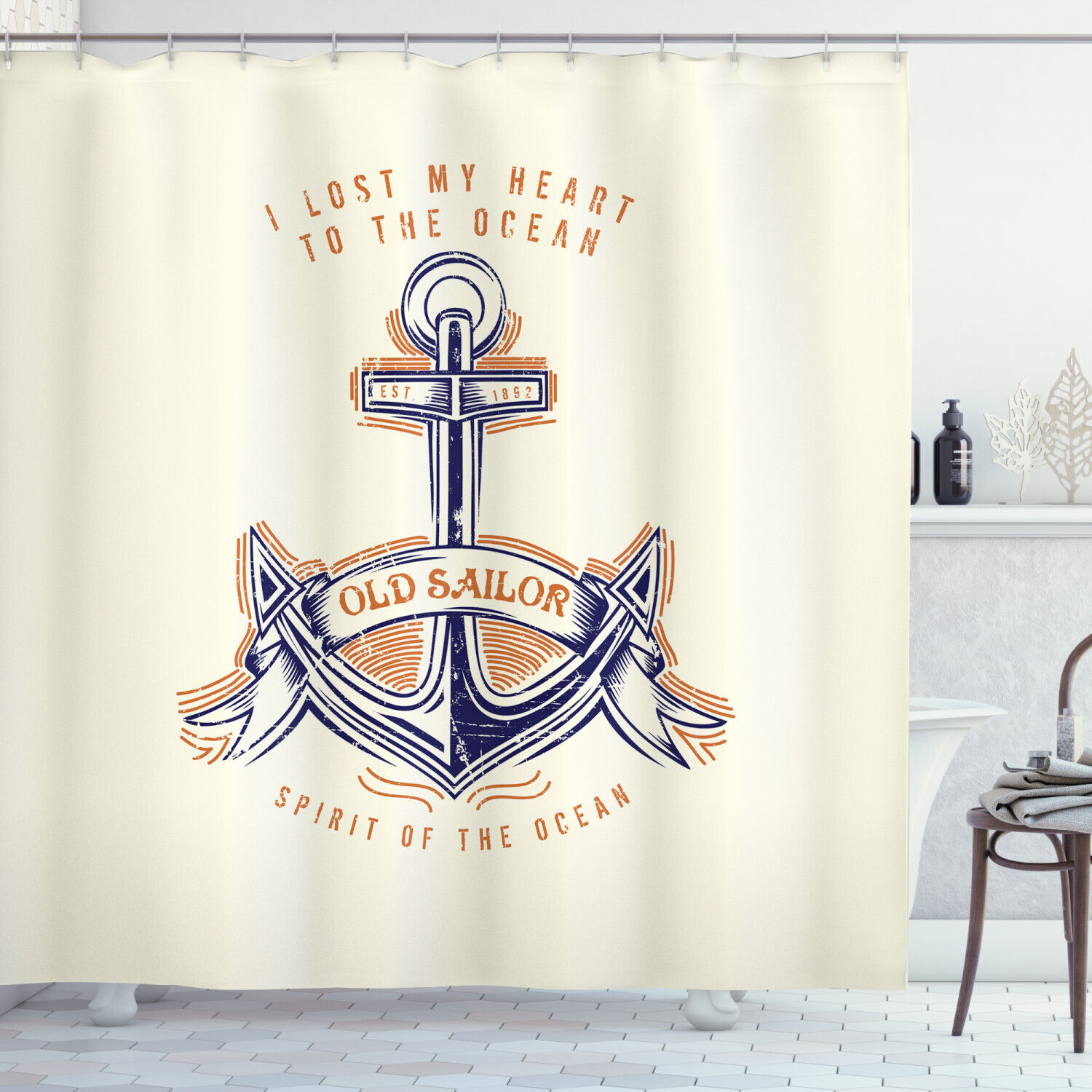 Vintage Style Anchor Sign Ocean Print Shower Curtain for Bathroom