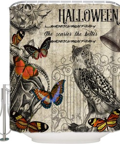 Vintage Style Halloween Illustration With Owl, Butterflies And Pumpkins Shower Curtain