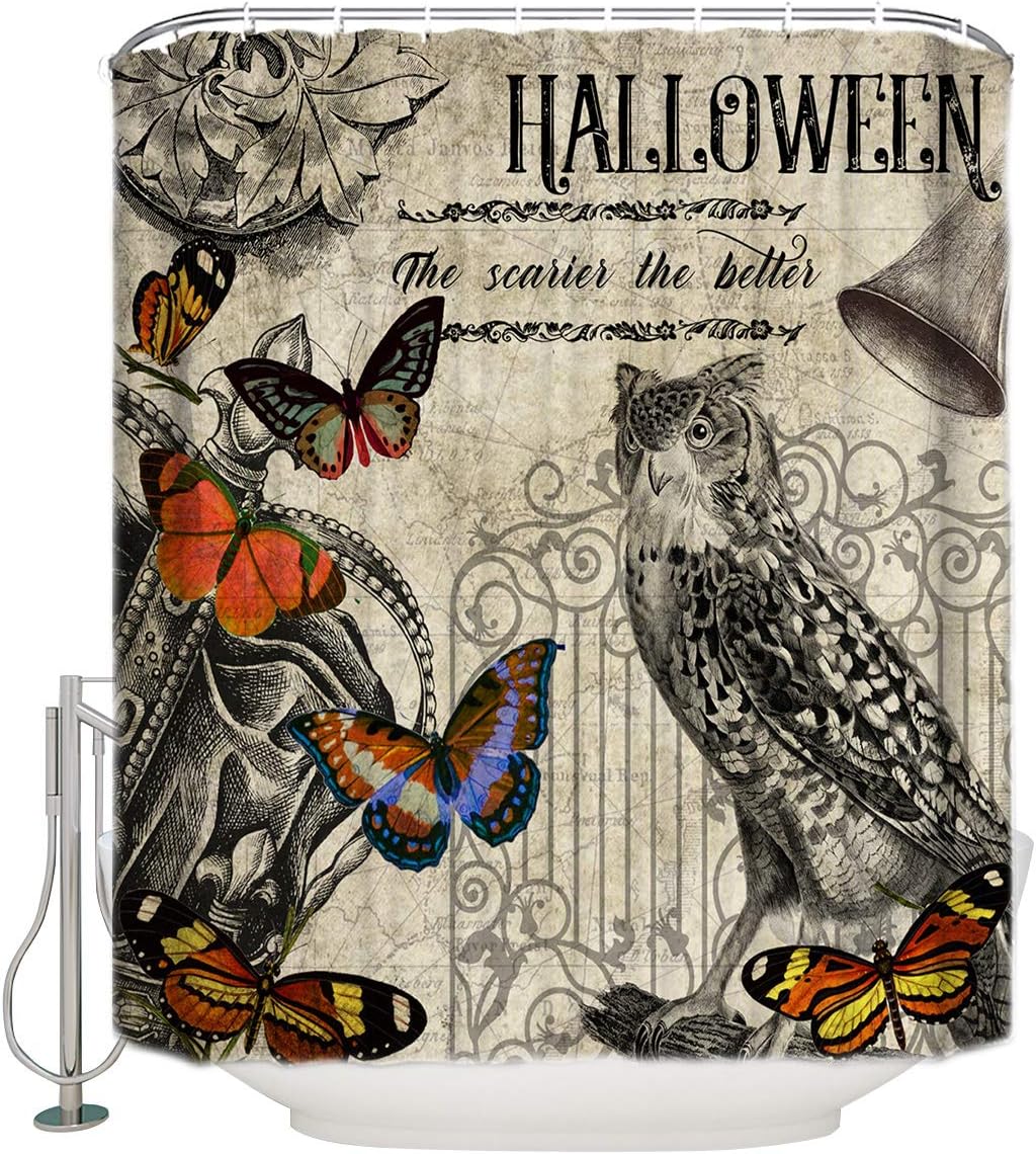 Vintage Style Halloween Illustration With Owl, Butterflies And Pumpkins Shower Curtain