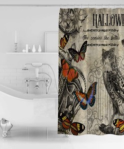 Vintage Style Halloween Illustration With Owl, Butterflies And Pumpkins Shower Curtain
