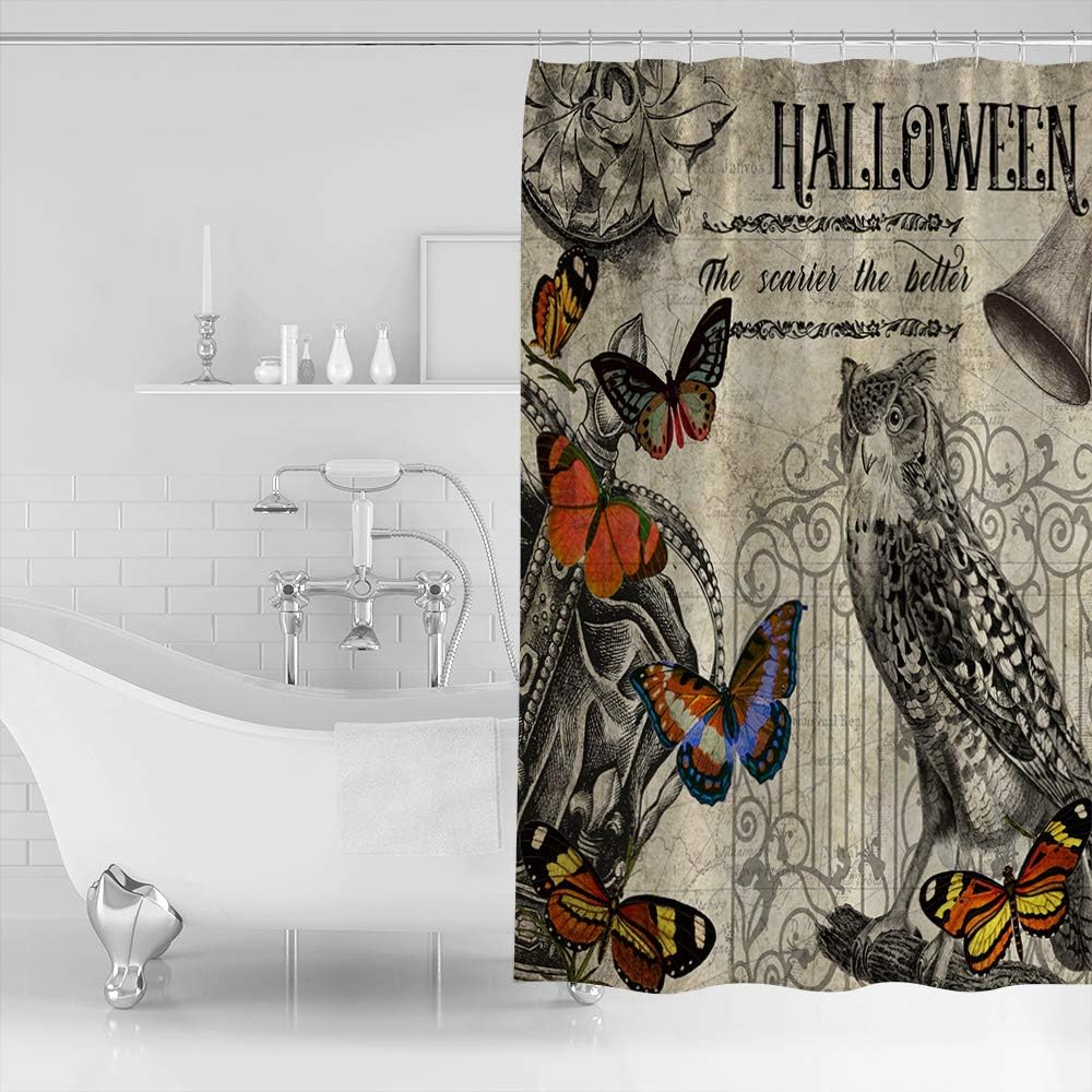 Vintage Style Halloween Illustration With Owl, Butterflies And Pumpkins Shower Curtain