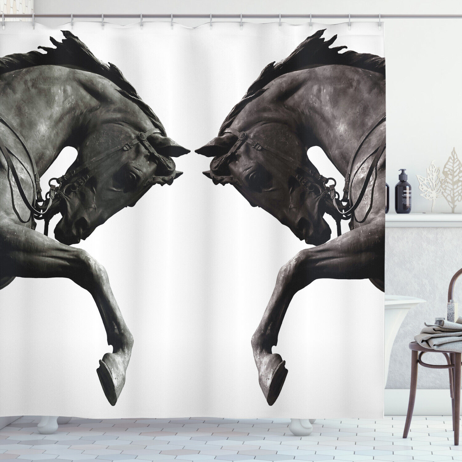 Vintage Style Horse Heads Print Shower Curtain for an Antique Bathroom