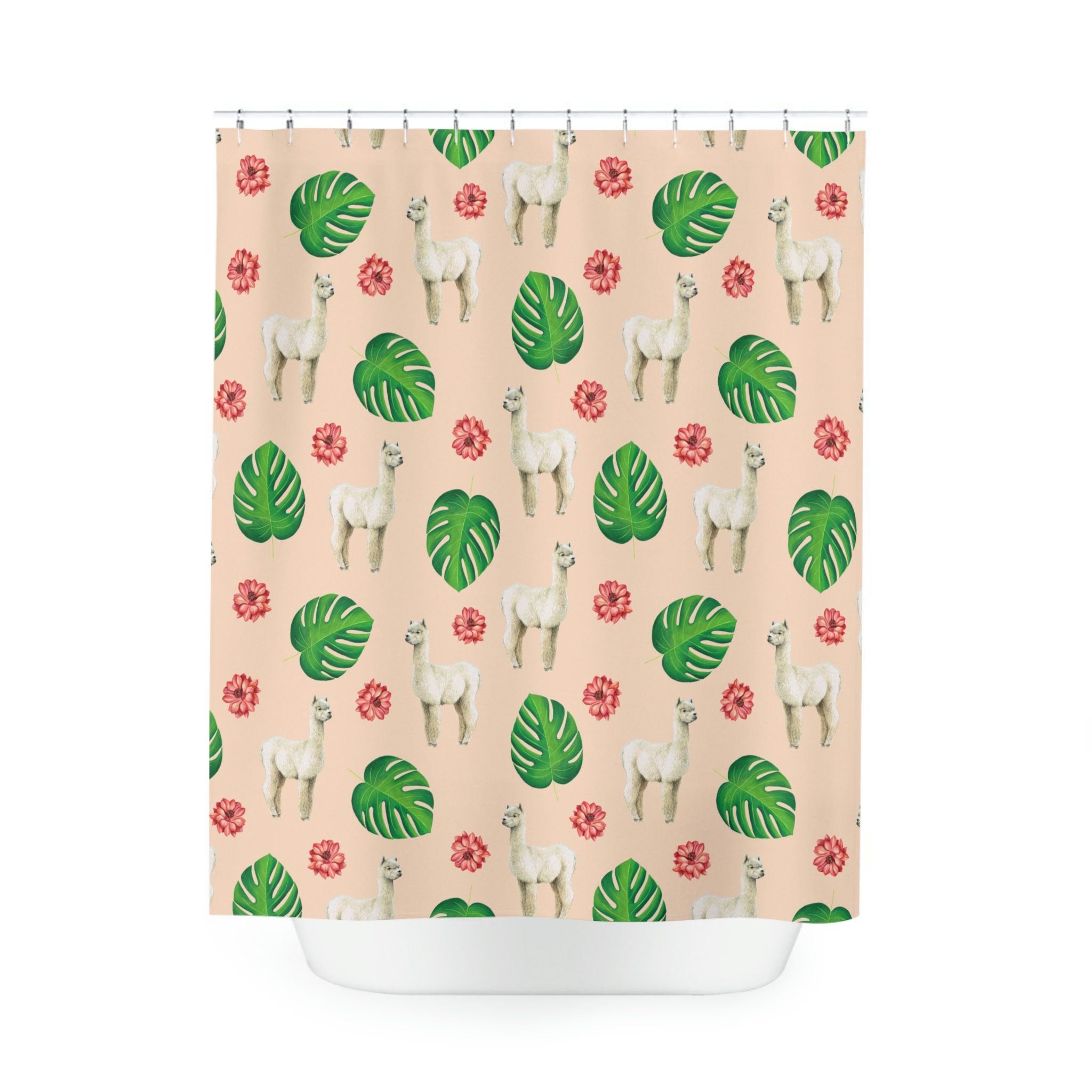 Vintage Style Llama Shower Curtain With Retro Flower Print