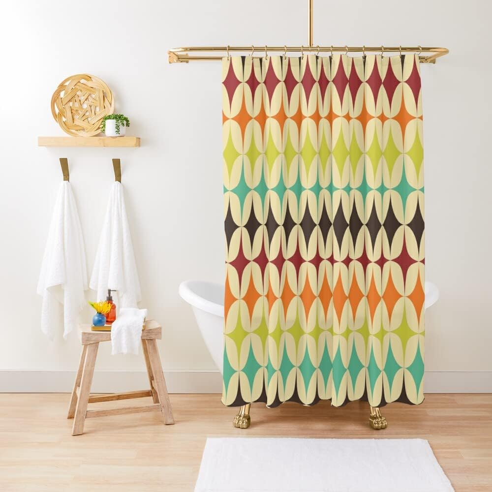 Vintage Style Mid Century Modern Shower Curtain with Geometric Design for a Traditional Bathroom Look