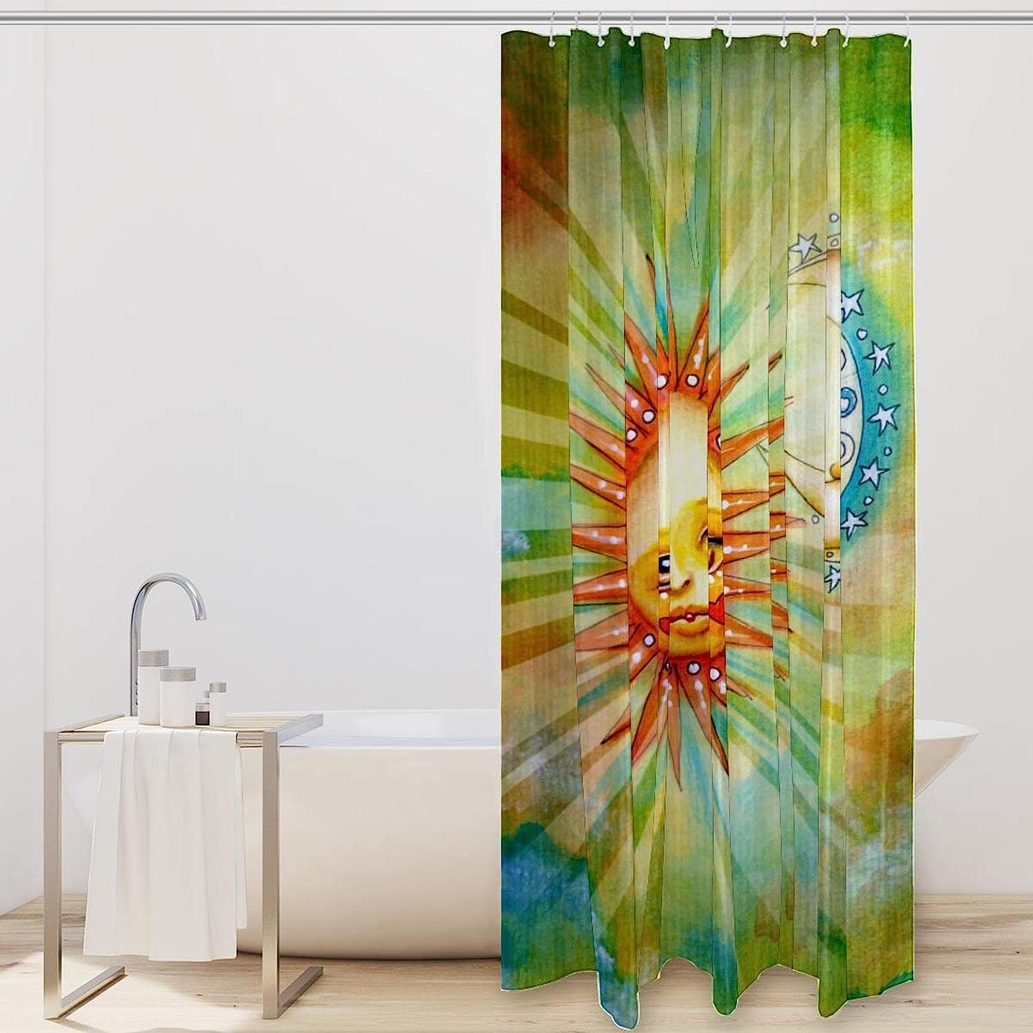 Vintage Style Sun and Moon Celestial Shower Curtain for a Cozy Bathroom