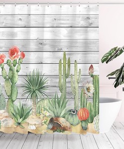 Vintage Succulent Cactus Wooden Shower Curtain, Tropical Eucalyptus Bathroom Decorations