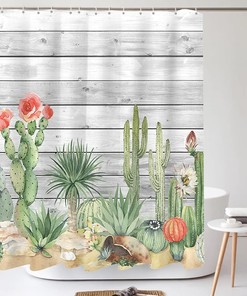 Vintage Succulent Cactus Wooden Shower Curtain, Tropical Eucalyptus Bathroom Decorations
