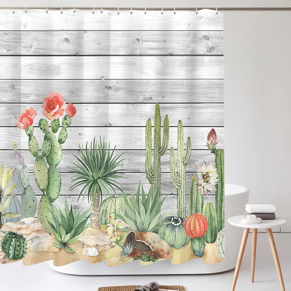 Vintage Succulent Cactus Wooden Shower Curtain, Tropical Eucalyptus Bathroom Decorations