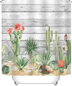 Vintage Succulent Cactus Wooden Shower Curtain, Tropical Eucalyptus Bathroom Decorations