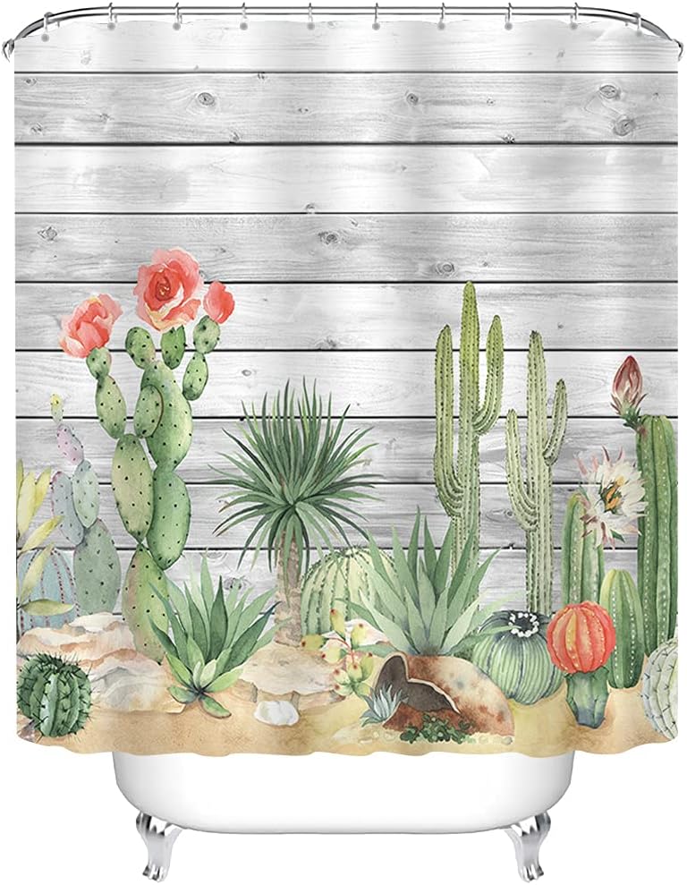 Vintage Succulent Cactus Wooden Shower Curtain, Tropical Eucalyptus Bathroom Decorations