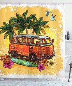 Vintage Summer Art Shower Curtain With Hippie Van And Surfboard Print