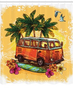 Vintage Summer Art Shower Curtain With Hippie Van And Surfboard Print