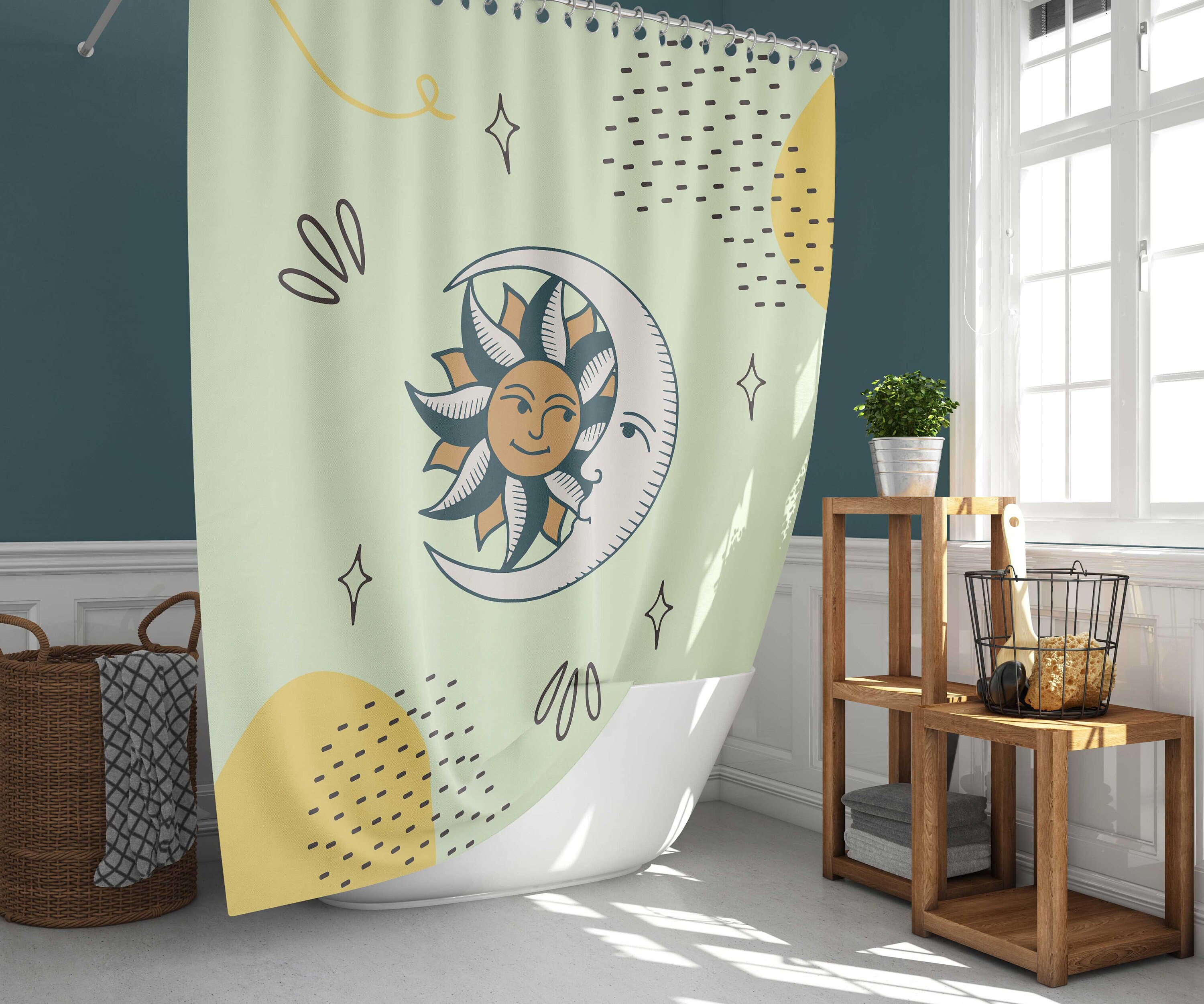 Vintage Sun Moon and Stars Shower Curtain for a Retro Boho Bathroom