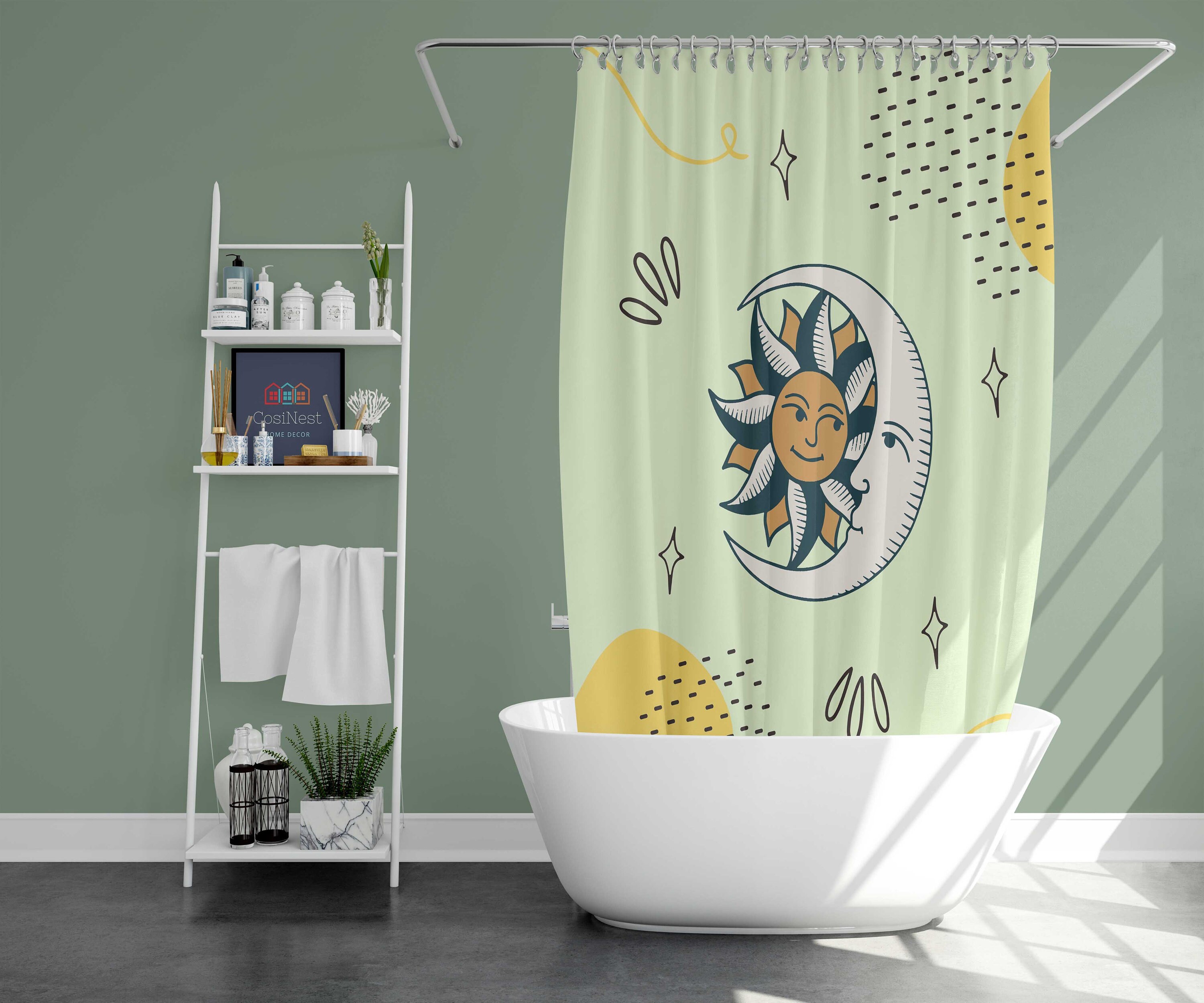 Vintage Sun Moon and Stars Shower Curtain for a Retro Boho Bathroom