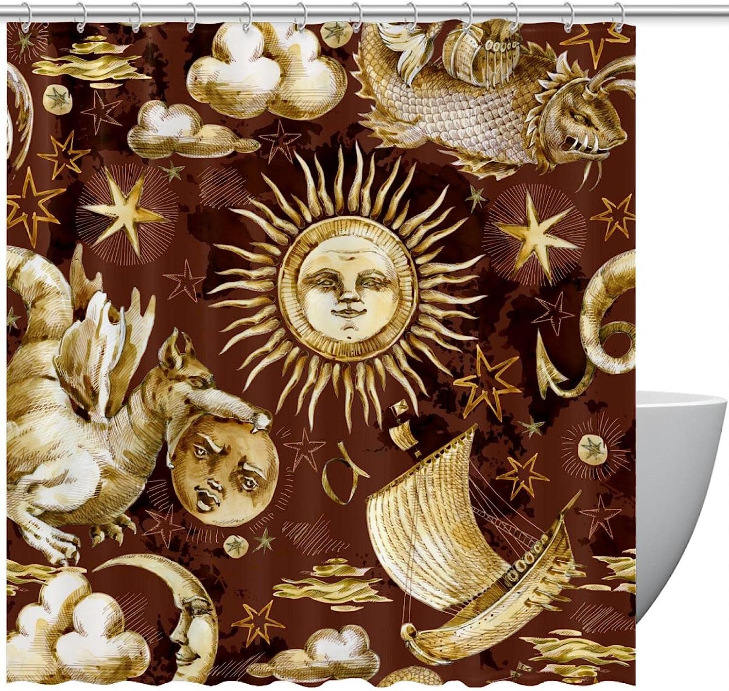 Vintage Sun, Stars and Sailboat Shower Curtain - Retro Design that Adds a Touch of Nature to Your Bathroom